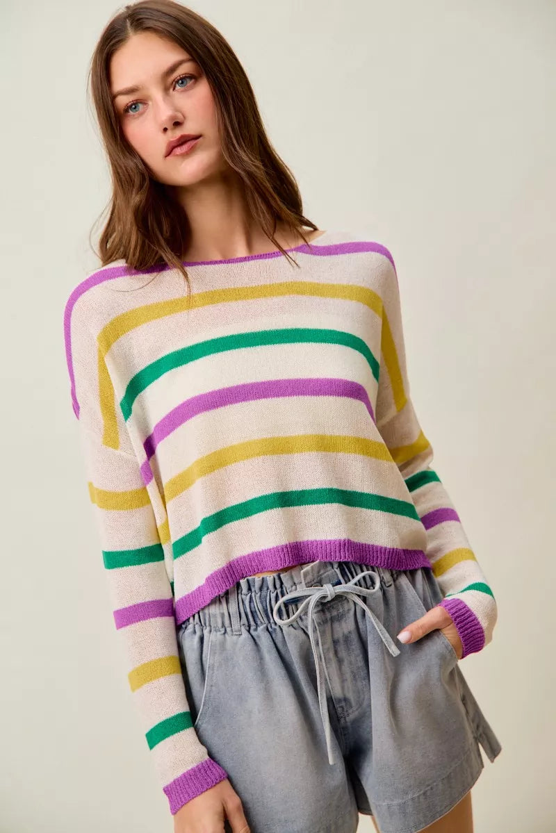 Mardi Gras Color Stripe Lightweight Sweater Top -