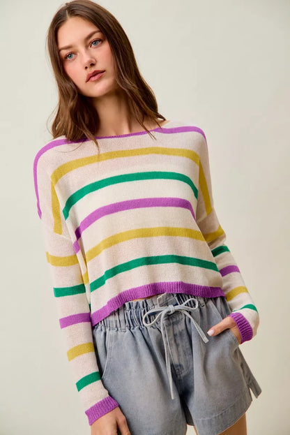 Mardi Gras Color Stripe Lightweight Sweater Top -