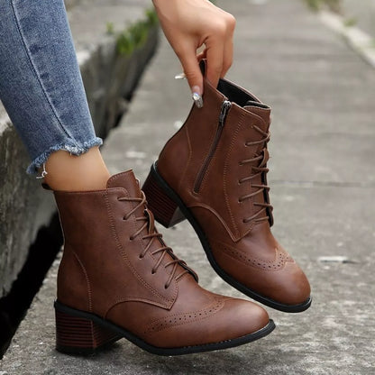 Lace-Up Ankle Boots with Zipper - Dark Brown