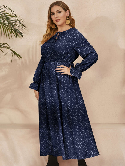 Plus Size Ruffled Polka Dot Long Sleeve Midi Dress - Navy