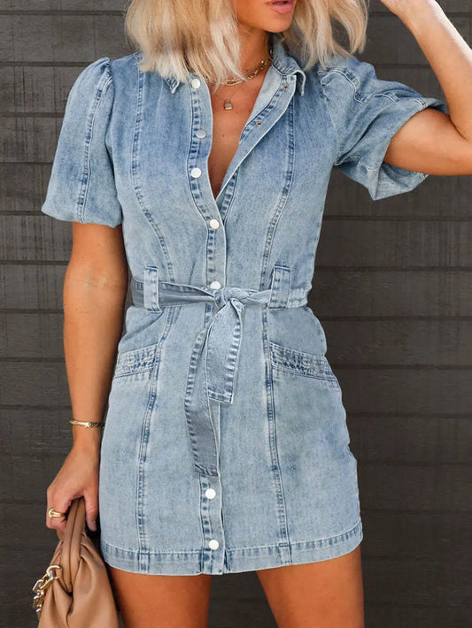 Puff Sleeve Button Up Mini Denim Dress - Medium
