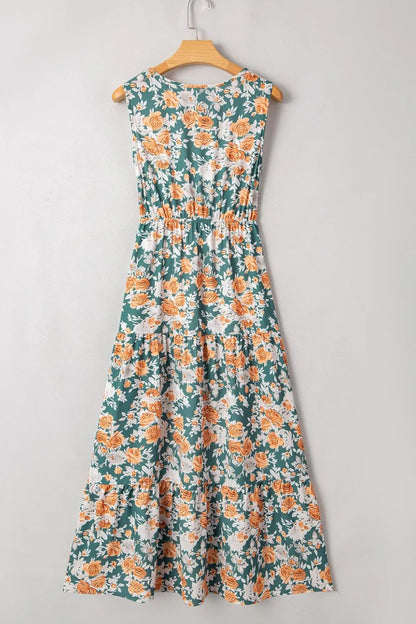 Floral Print Trimmed V-Neck Tie Waist Dress -