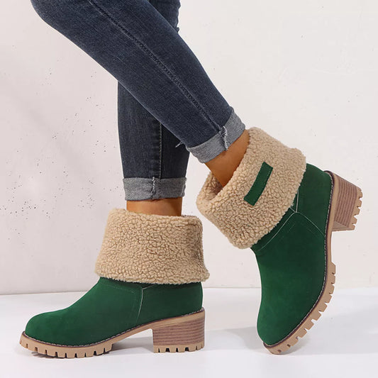 Round Toe Block Heels Boots - Dark Green