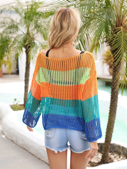 Color Block Openwork Boat Neck Cover Up - Turquoise