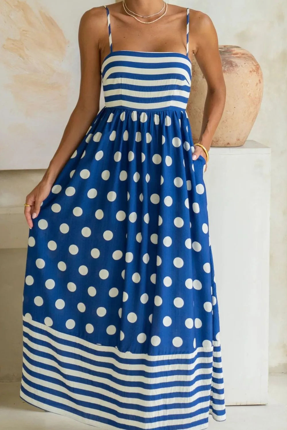 Polka Dot Square Neck Cami Dress - Royal Blue