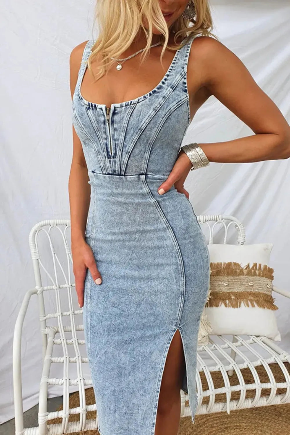 Side Slit Washed Scoop Neck Denim Dress - Light Blue