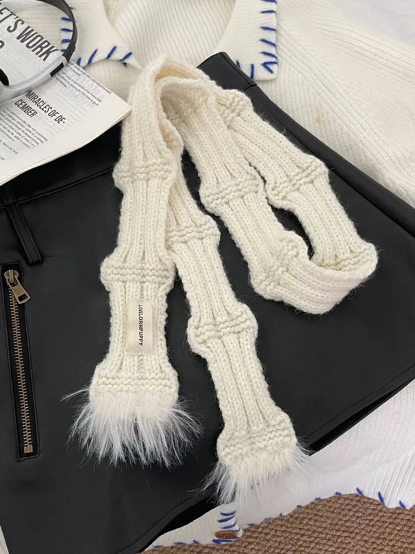 Knitted Plush Trim Scarf -
