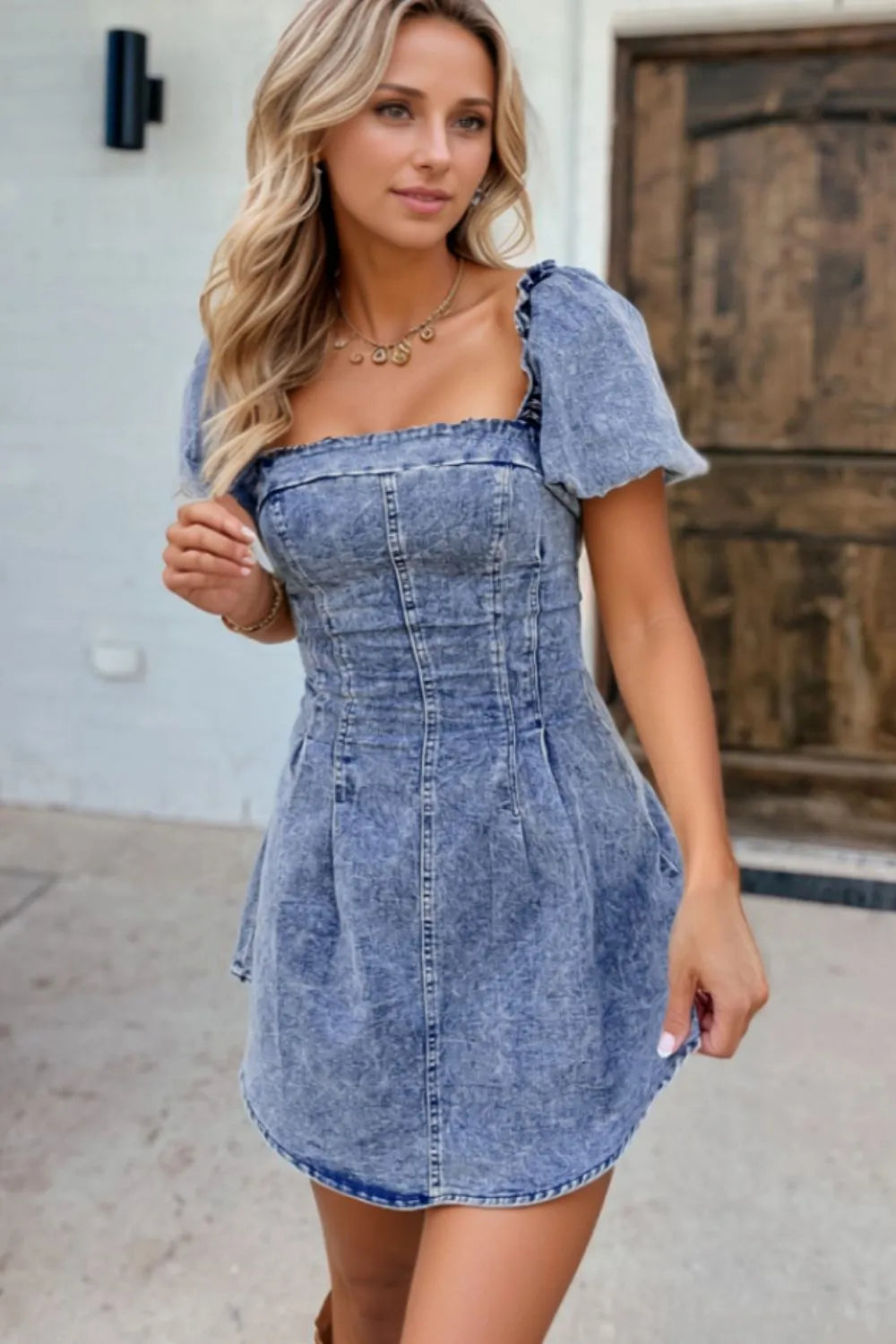 Tie Back Square Neck Puff Sleeve Denim Dress - Medium