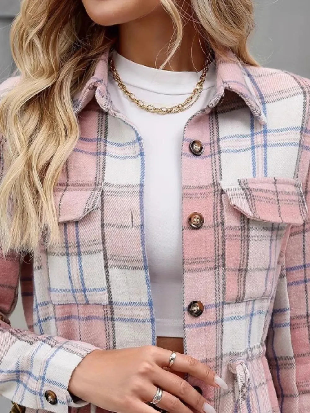 Plaid Button Up Jacket - Blush Pink