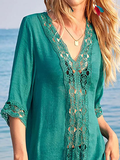 Lace Trim V-Neck Cover-Up - Turquoise