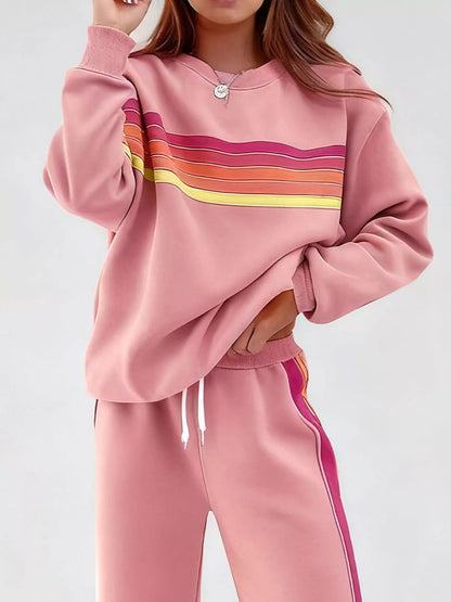 Striped Round Neck Sweatshirt and Pants Set -