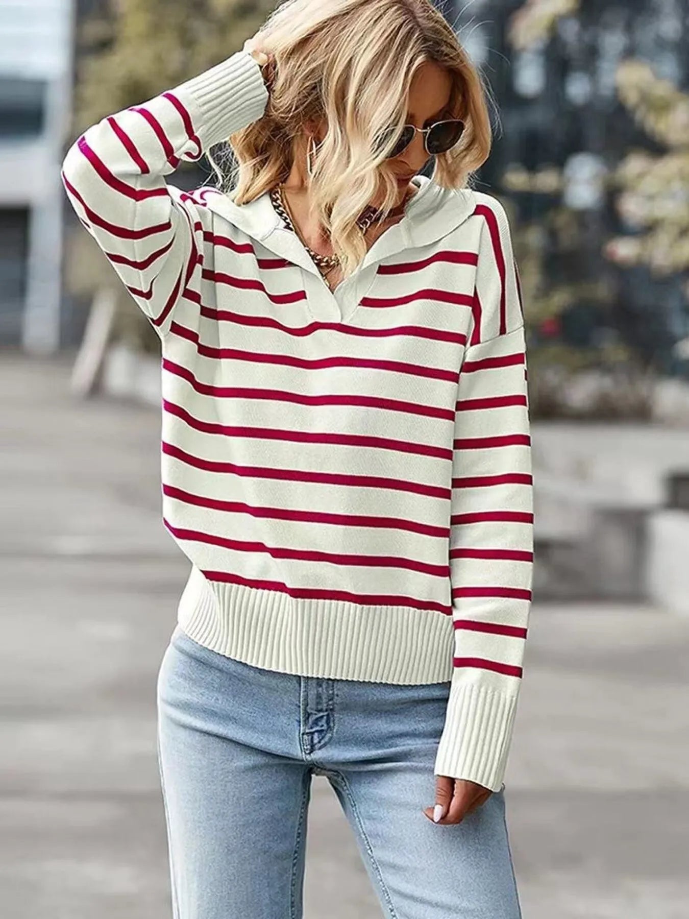 Ribbed Hem Long Sleeve Striped Sweater - Scarlet