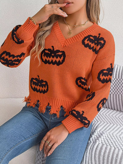 Pumpkin Pattern Raw Hem V-Neck Sweater - Orange