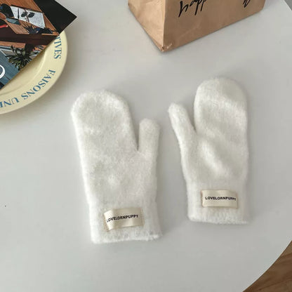 Warm Plush Knitted Mitten Gloves - White One Size