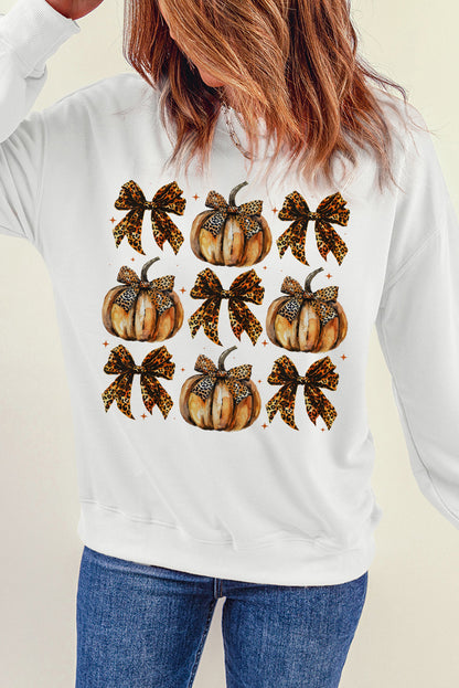 Pumpkin and Bow Graphic Long Sleeve Sweatshirt - White