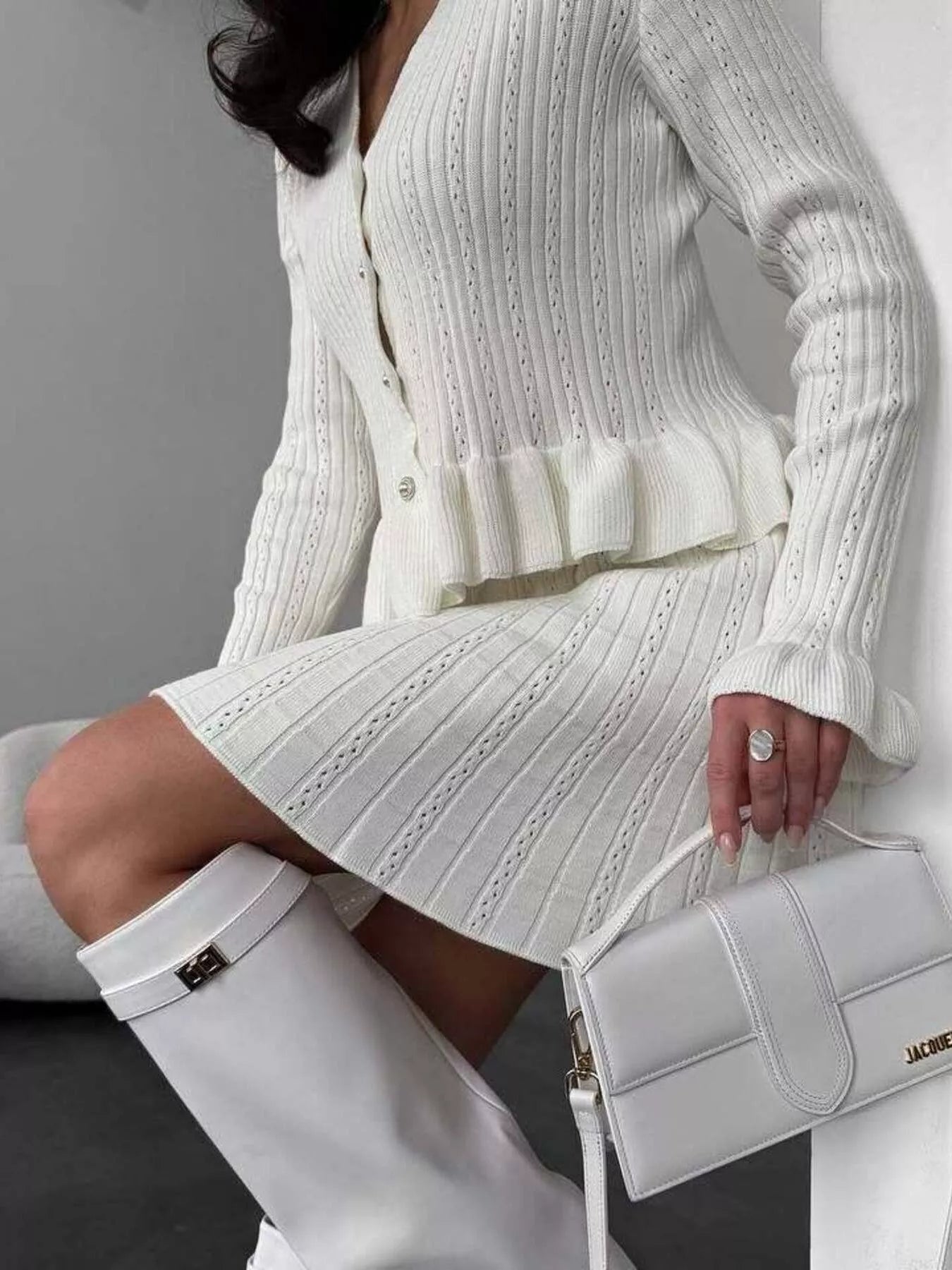 Ruffle Trim Knit Cardigan and Skirt Set -