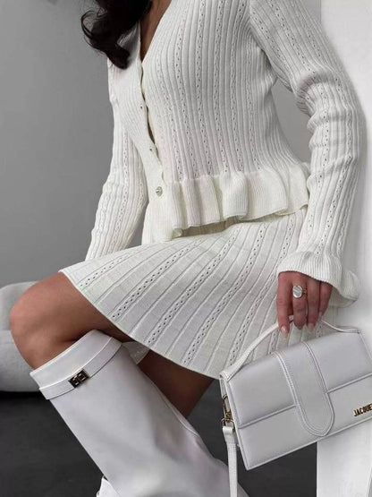 Ruffle Trim Knit Cardigan and Skirt Set -