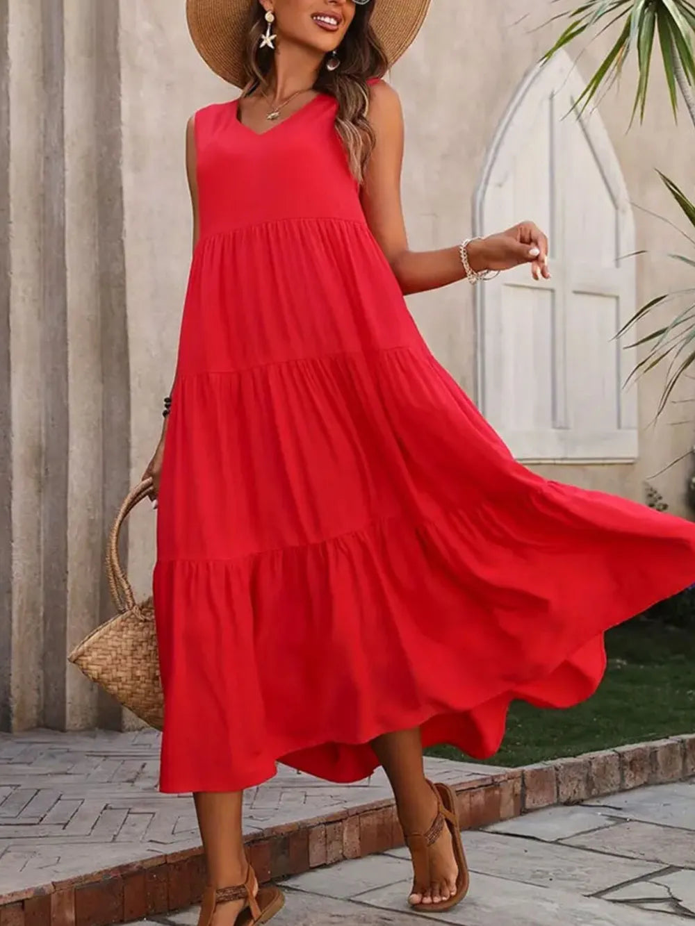 Tiered V-Neck Sleeveless Dress - Rust