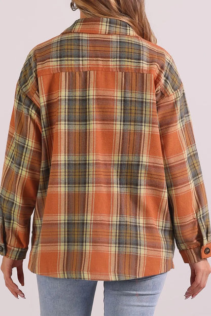 Plaid Collared Neck Long Sleeve Shirt - Caramel