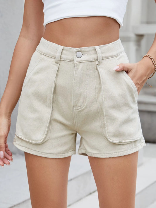High Waist Utility Pocket Denim Shorts - Khaki