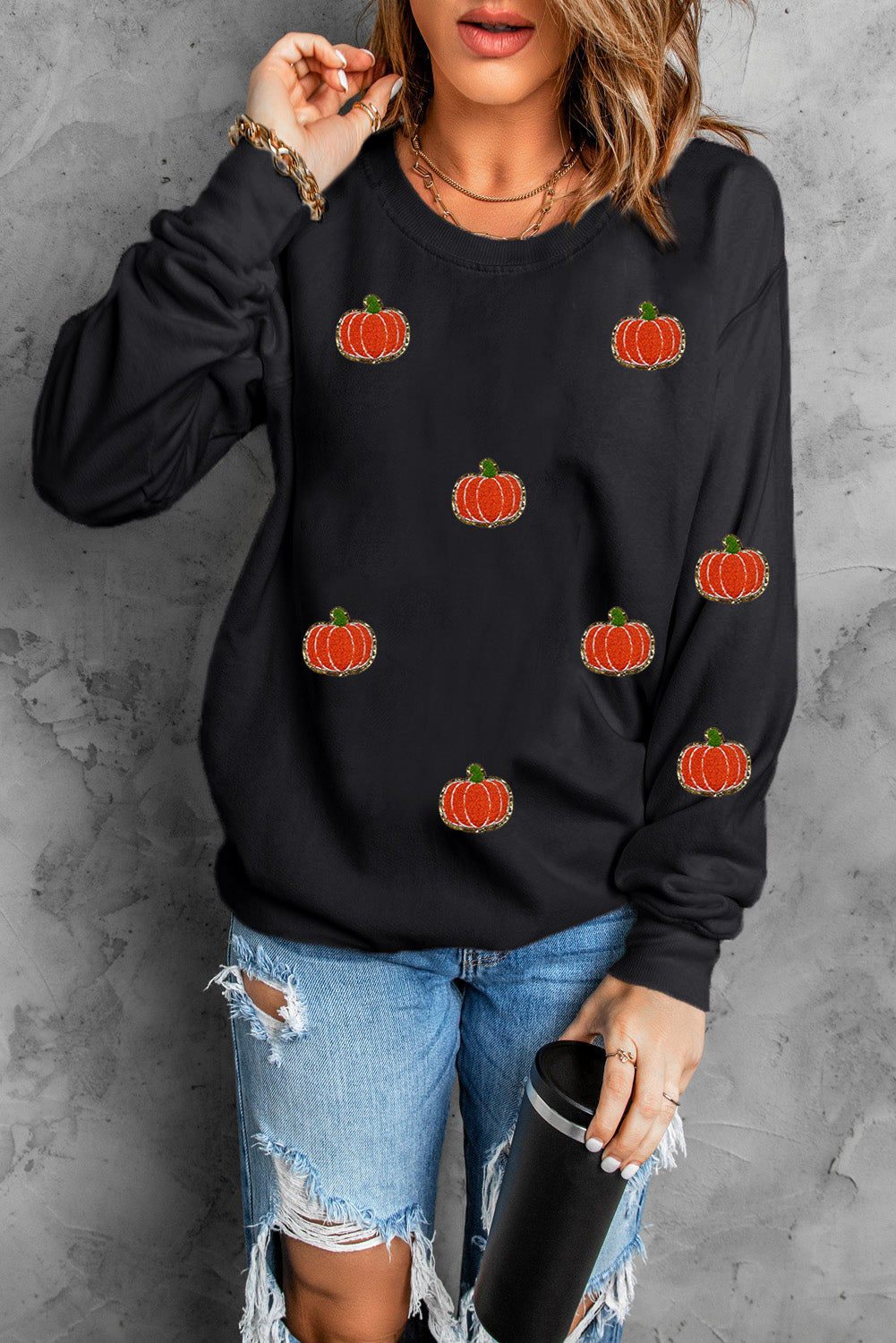 Pumpkin Round Neck Long Sleeve Sweatshirt - Black