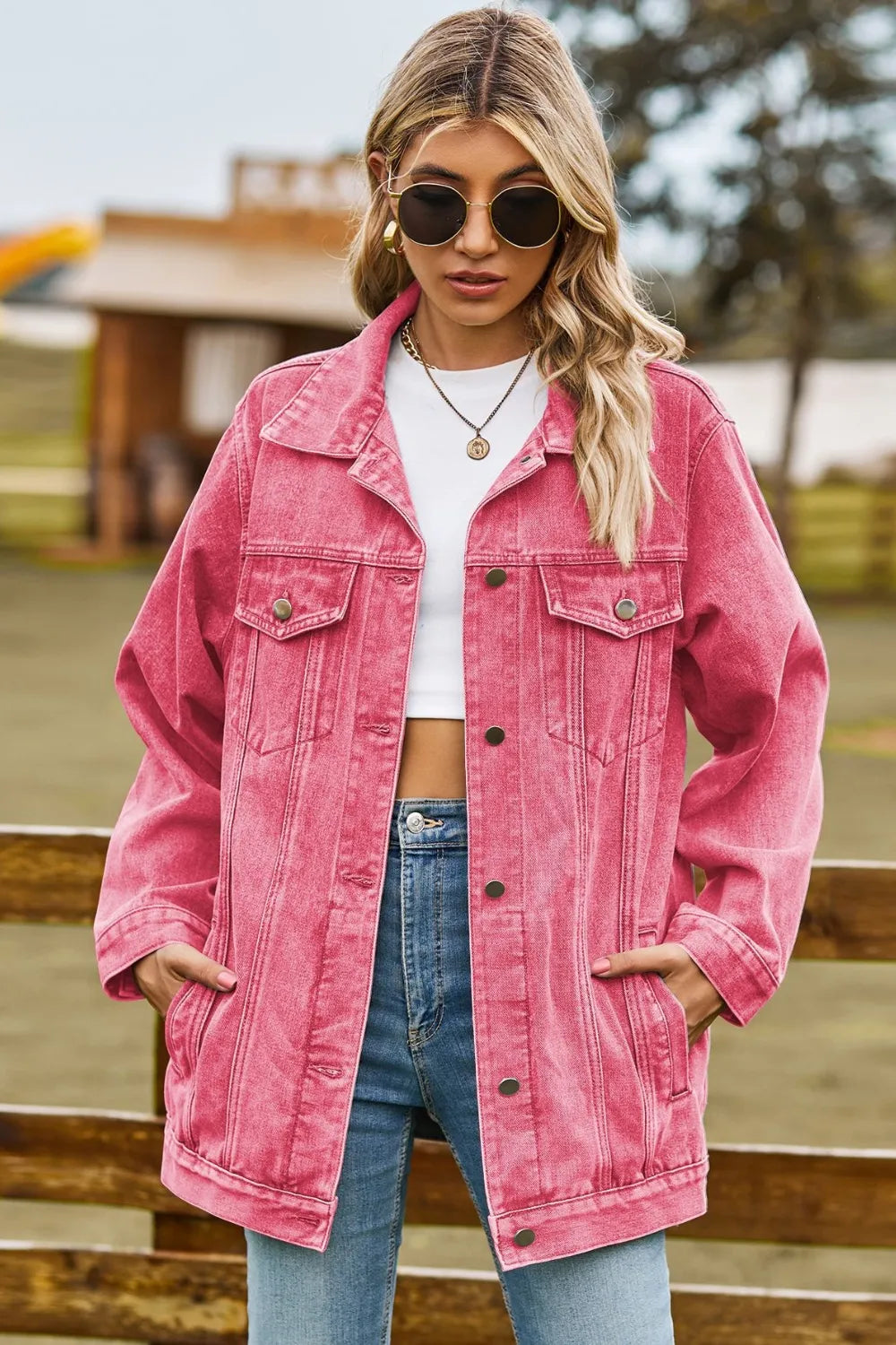 Buttoned Collared Neck Denim Jacket - Coral
