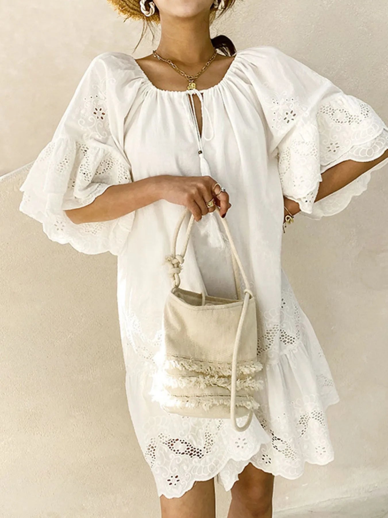 Eyelet Embroidered Tassel Tie Neck Dress -