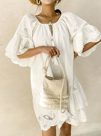 Eyelet Embroidered Tassel Tie Neck Dress -