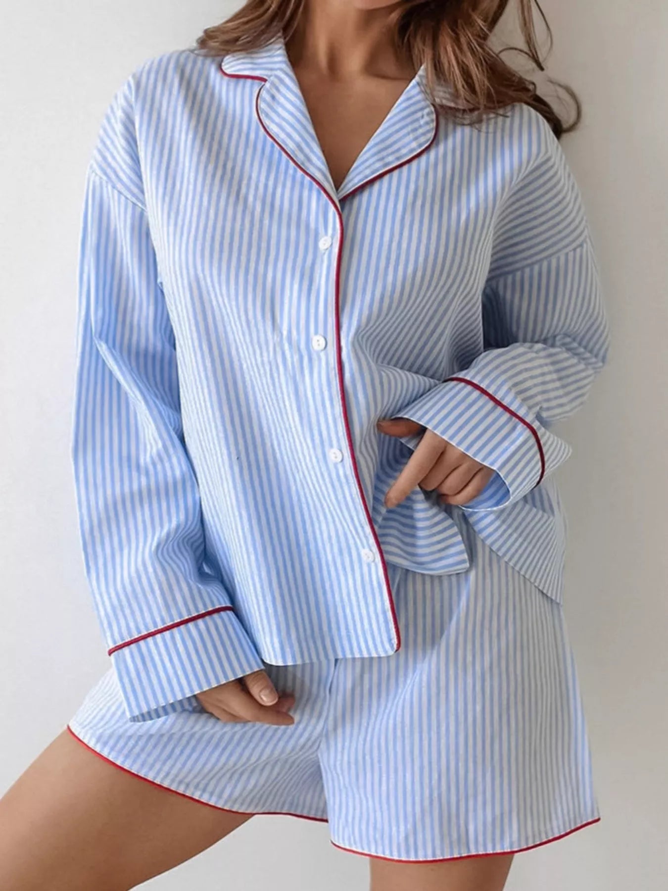 Striped Button Up Shirt and Shorts Lounge Set - Light Blue