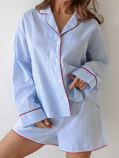 Striped Button Up Shirt and Shorts Lounge Set - Light Blue