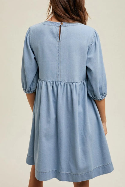 Square Neck Half Sleeve Denim Dress -