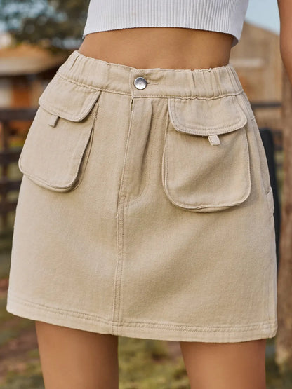 Pocketed Elastic Waist Denim Skirt -