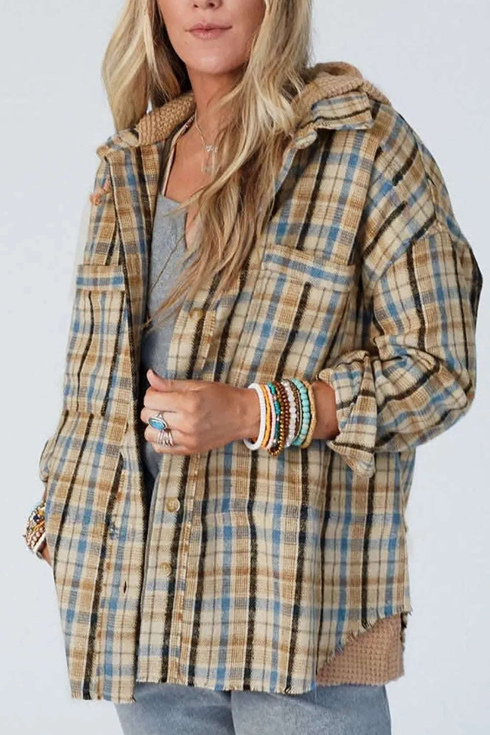 Waffle Knit Patchwork Hooded Plaid Shacket - Multicolor
