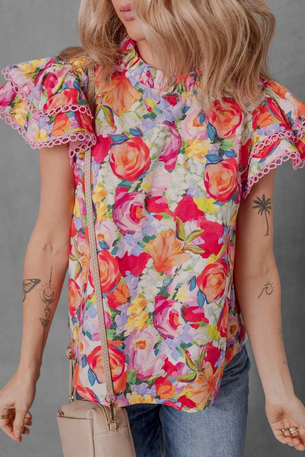 Lace Trim Ruffle Cap Sleeve Floral Blouse -