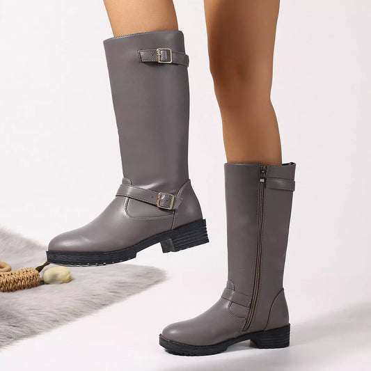 Round Toe Block Heels Boots - Gray