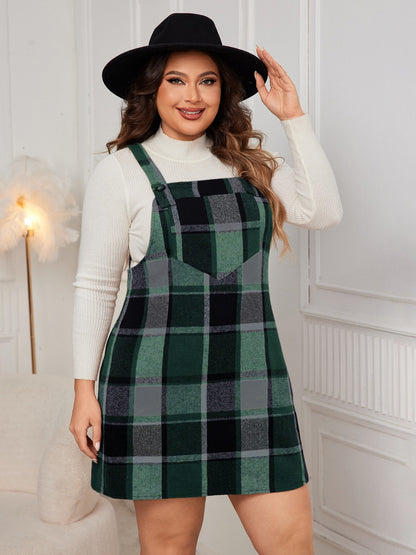 Plus Size Plaid Wide Strap Overall Dress - Dark Green