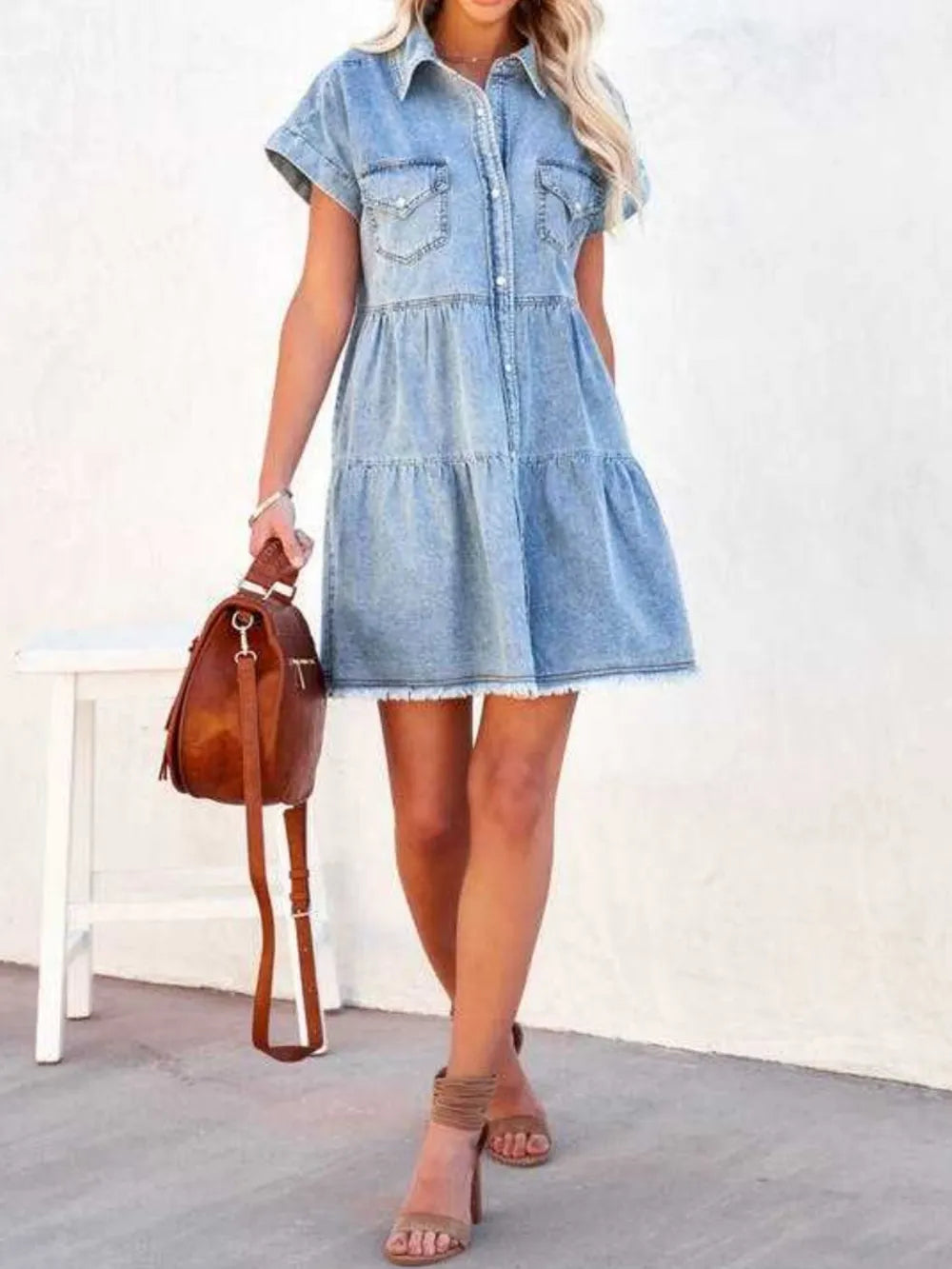 Raw Hem Short Sleeve Denim Dress -