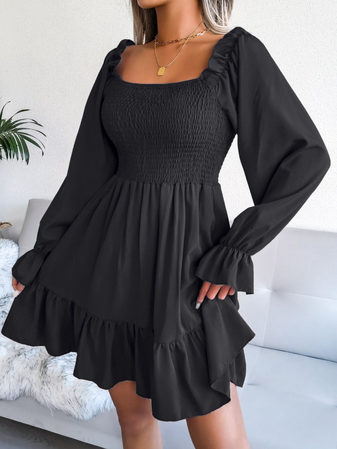 Smocked Flounce Sleeve Square Neck Dress | AdoreStarr