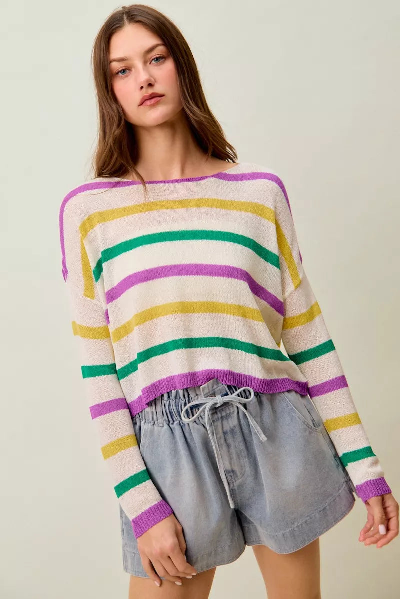 Mardi Gras Color Stripe Lightweight Sweater Top - Ivory