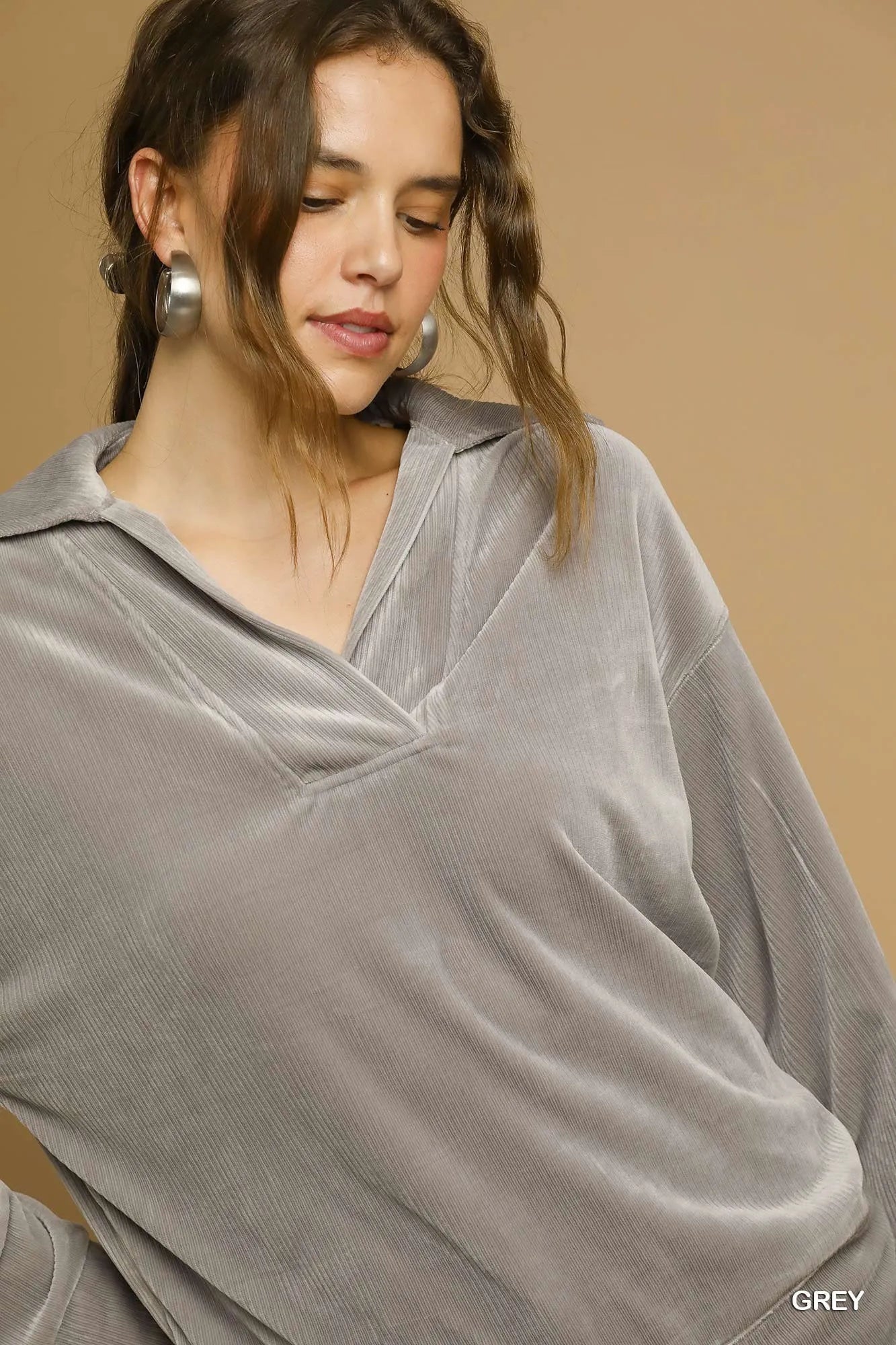 Soft Thermal Collared Long Sleeve Top - Grey