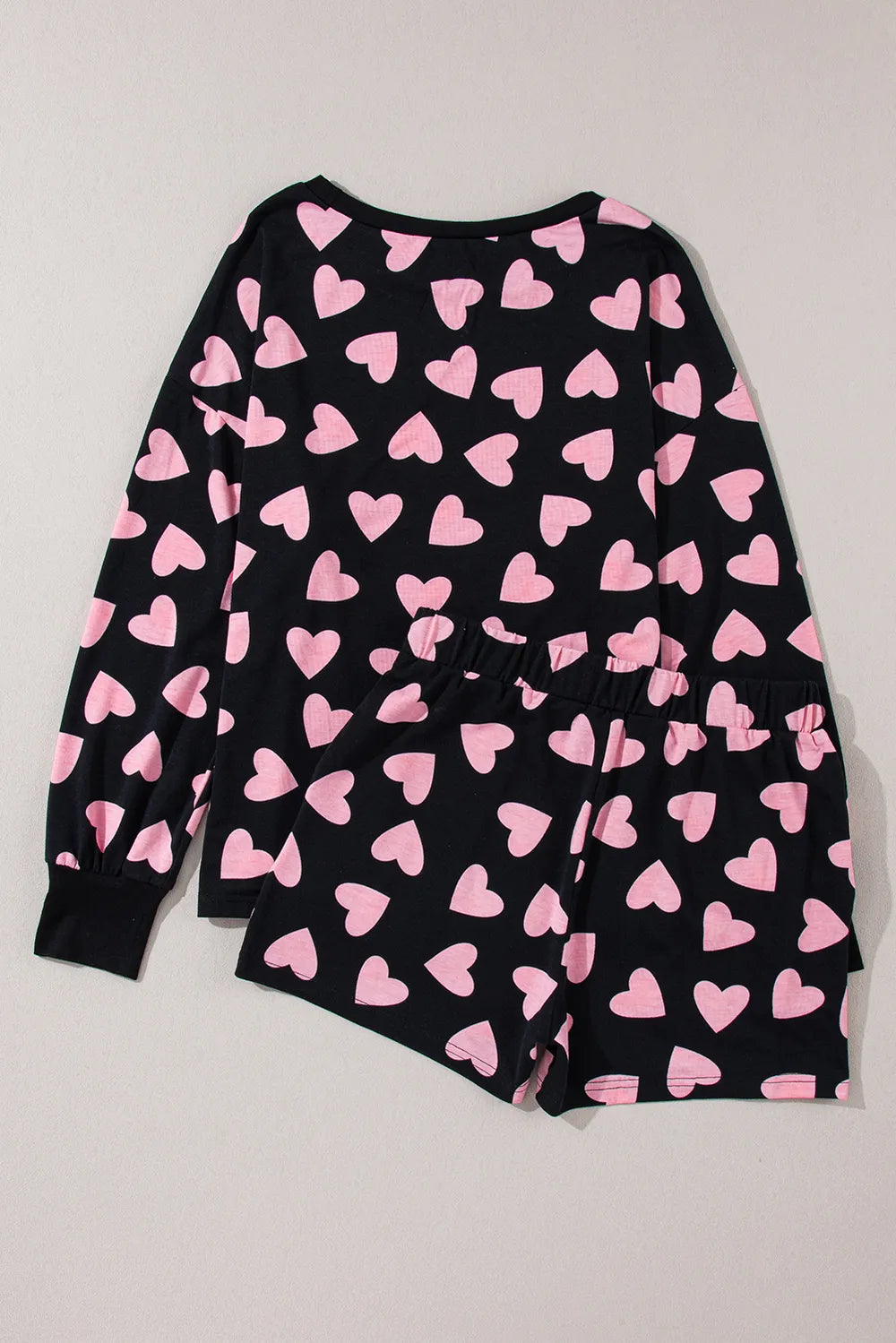 Heart Print Long Sleeve Top and Shorts Lounge Set -