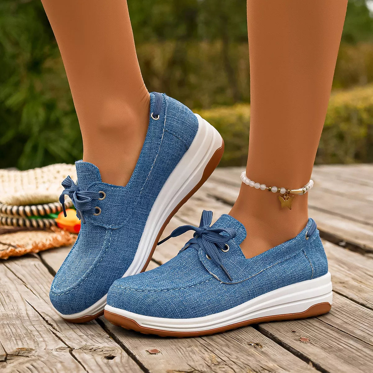 Lace Up Round Toe Sneakers - Sky Blue