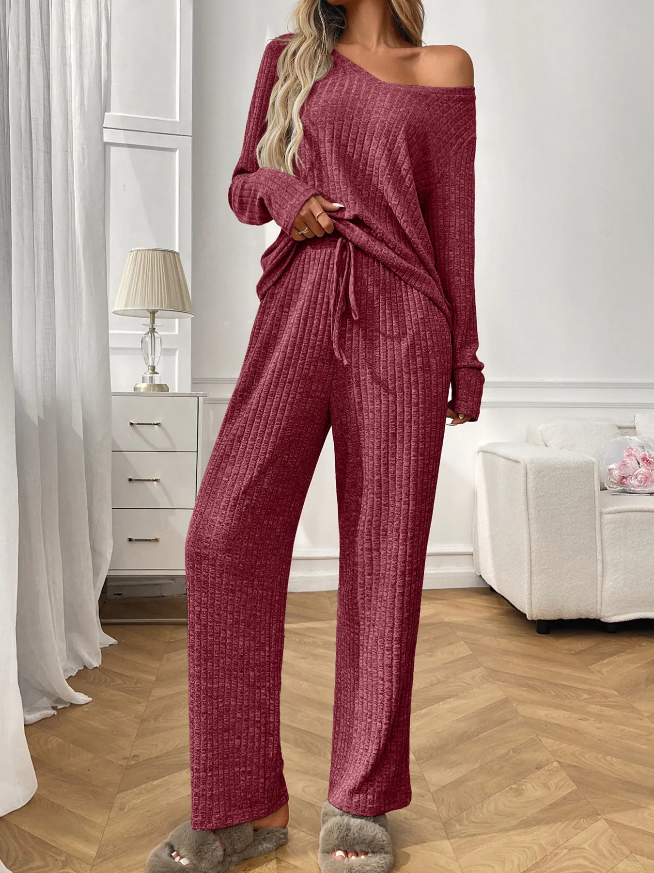 Ribbed Long Sleeve Top and Pants Lounge Set -