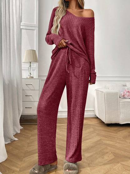 Ribbed Long Sleeve Top and Pants Lounge Set -