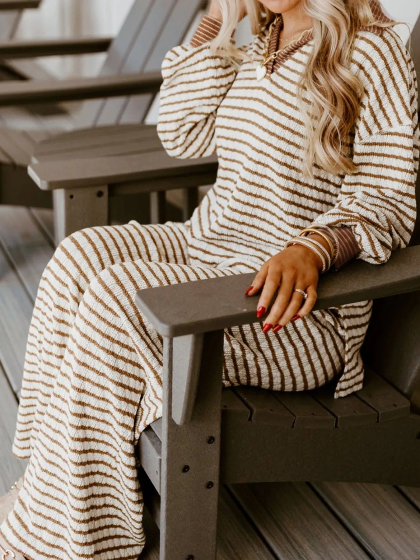 Stripe Collared Top and Drawstring Pant Set -