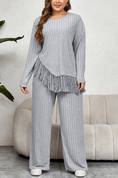 Plus Size Tassel Hem Top and Pants Set - Cloudy Blue