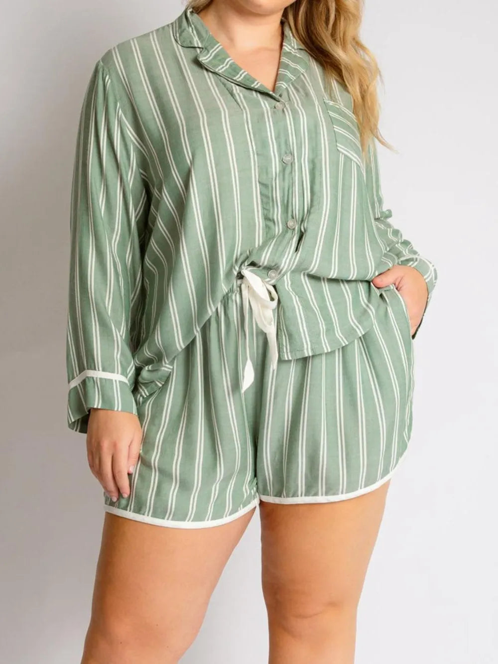 Striped Collared Neck Long Sleeve Top and Shorts Lounge Set - Sage