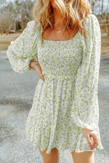 Smocked Floral Square Neck Balloon Sleeve Dress - Mist Green