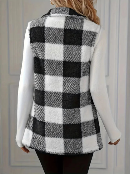 Plaid Button Up Vest Coat - Black