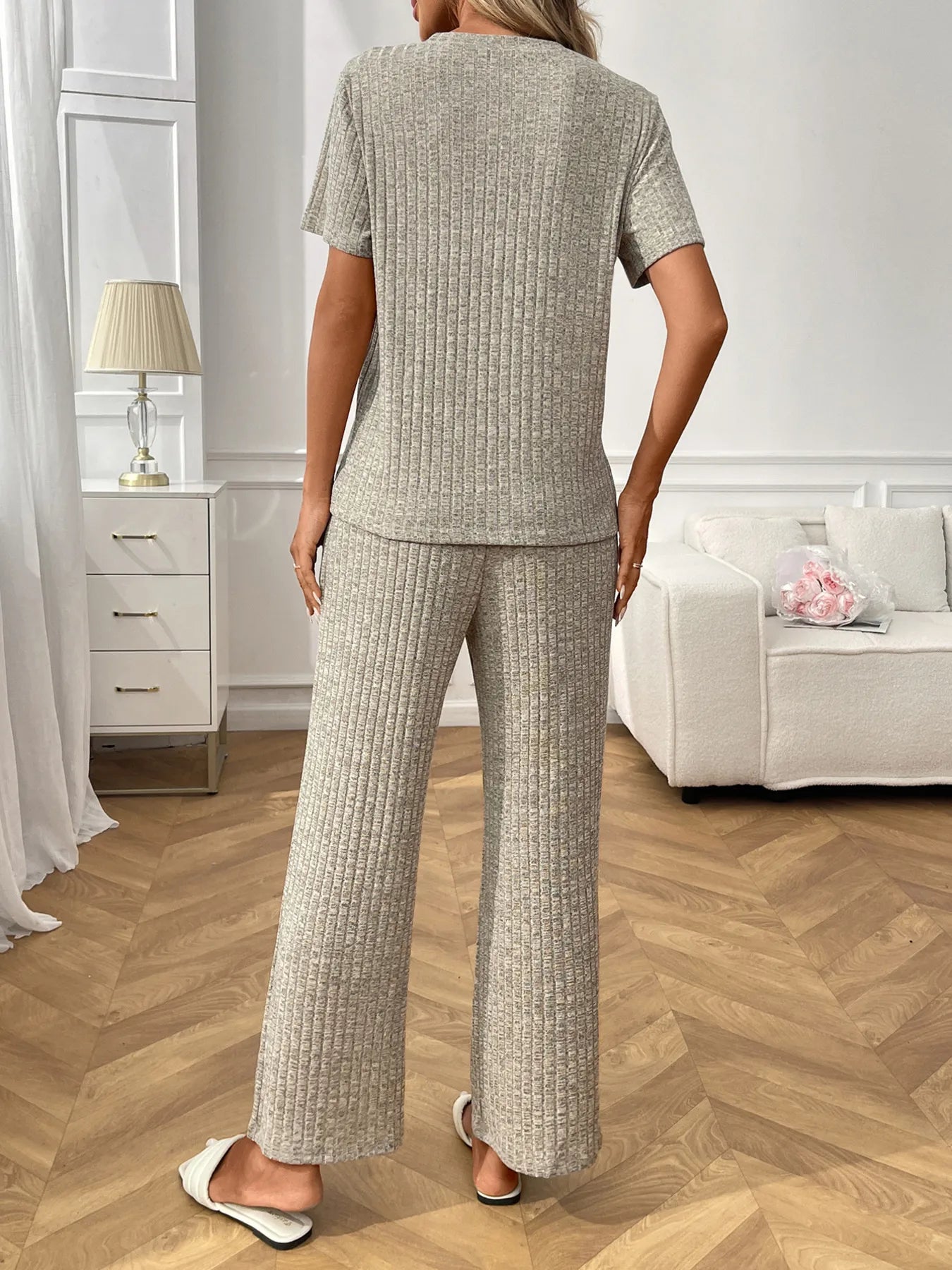 Ribbed Knit Short Sleeve Top and Pants Lounge Set -